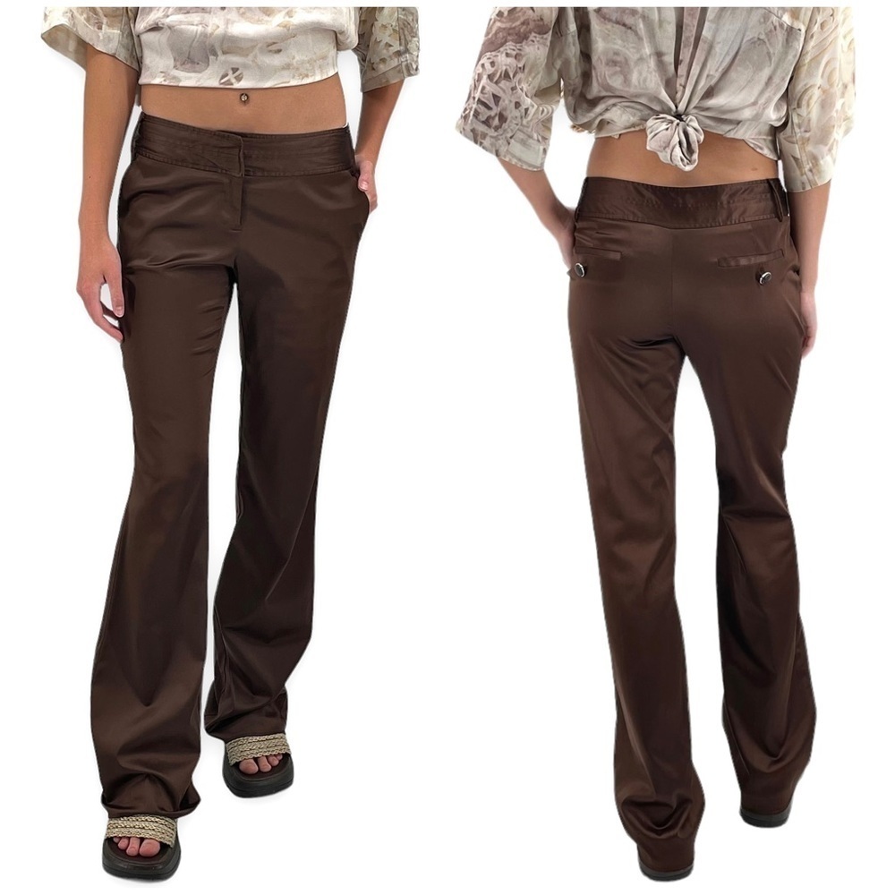 Vintage Y2K Low Rise Flare Leg Pants Dark Brown Satin Trousers Stretch | Size 1